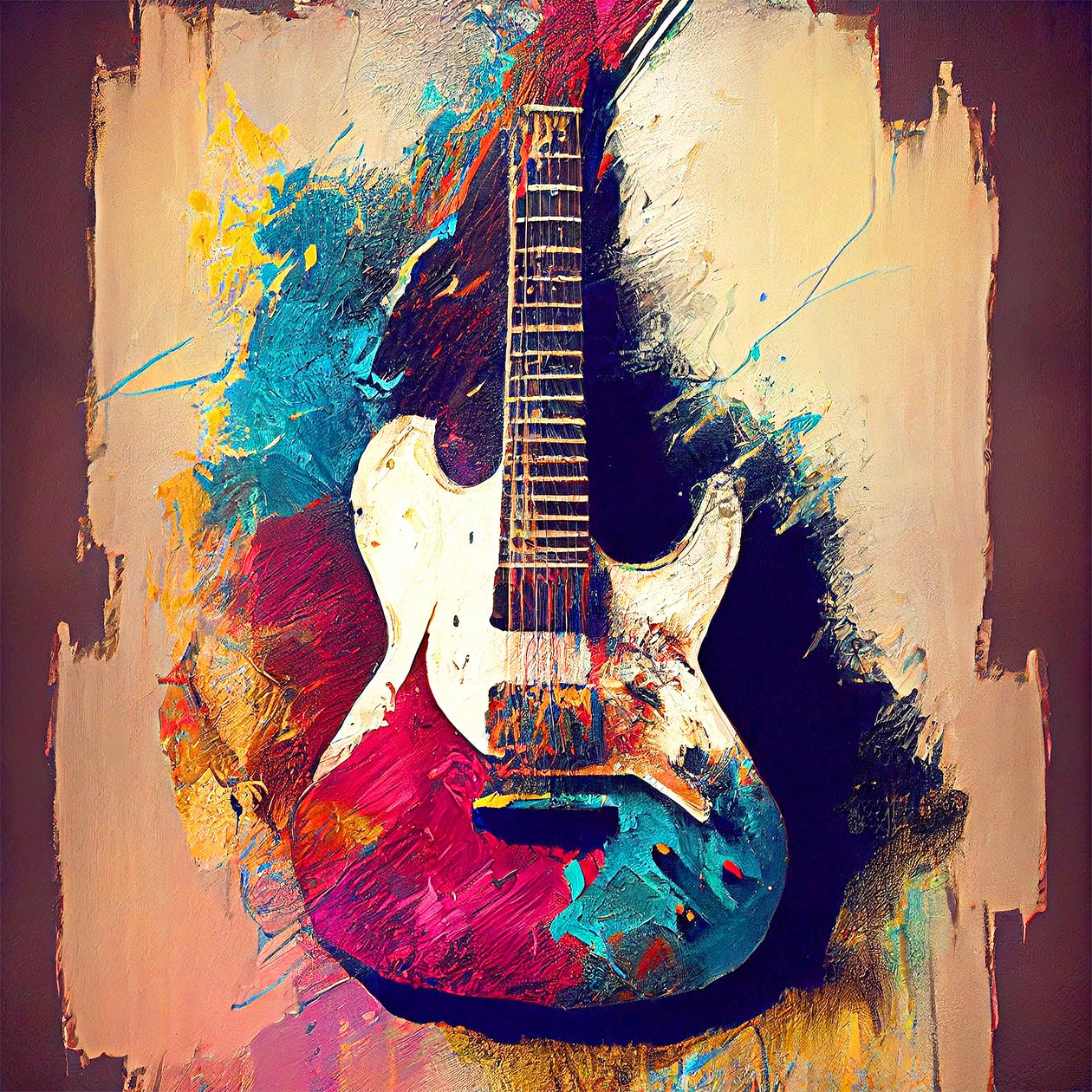 Malba elektrickou kytarou na plátně, tisky Music Art od F. Abderrahim