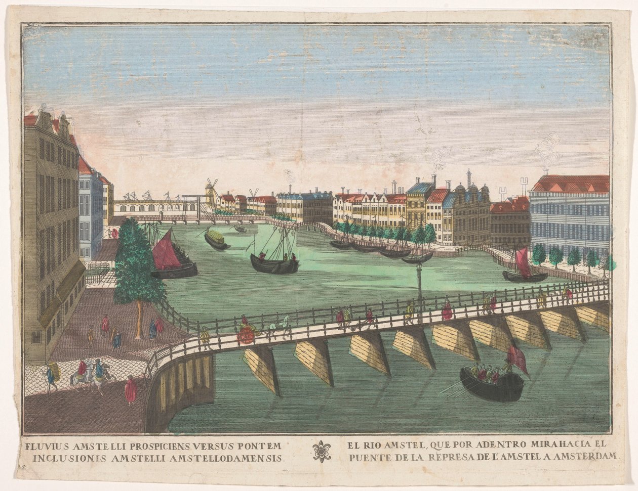 Pohled na Binnen-Amstel mezi Blauwbrug a Hogesluis v Amsterdamu El rio Amstel, que por adentro mirahacia el puente de la represa de l