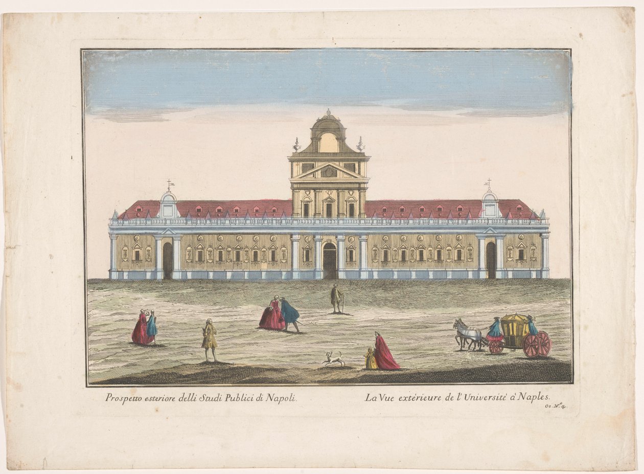 Pohled na univerzitu v Neapoli Prospetto esteriore degli Studi Publici di Napoli (název na objektu) od familie Remondini (attributed to)