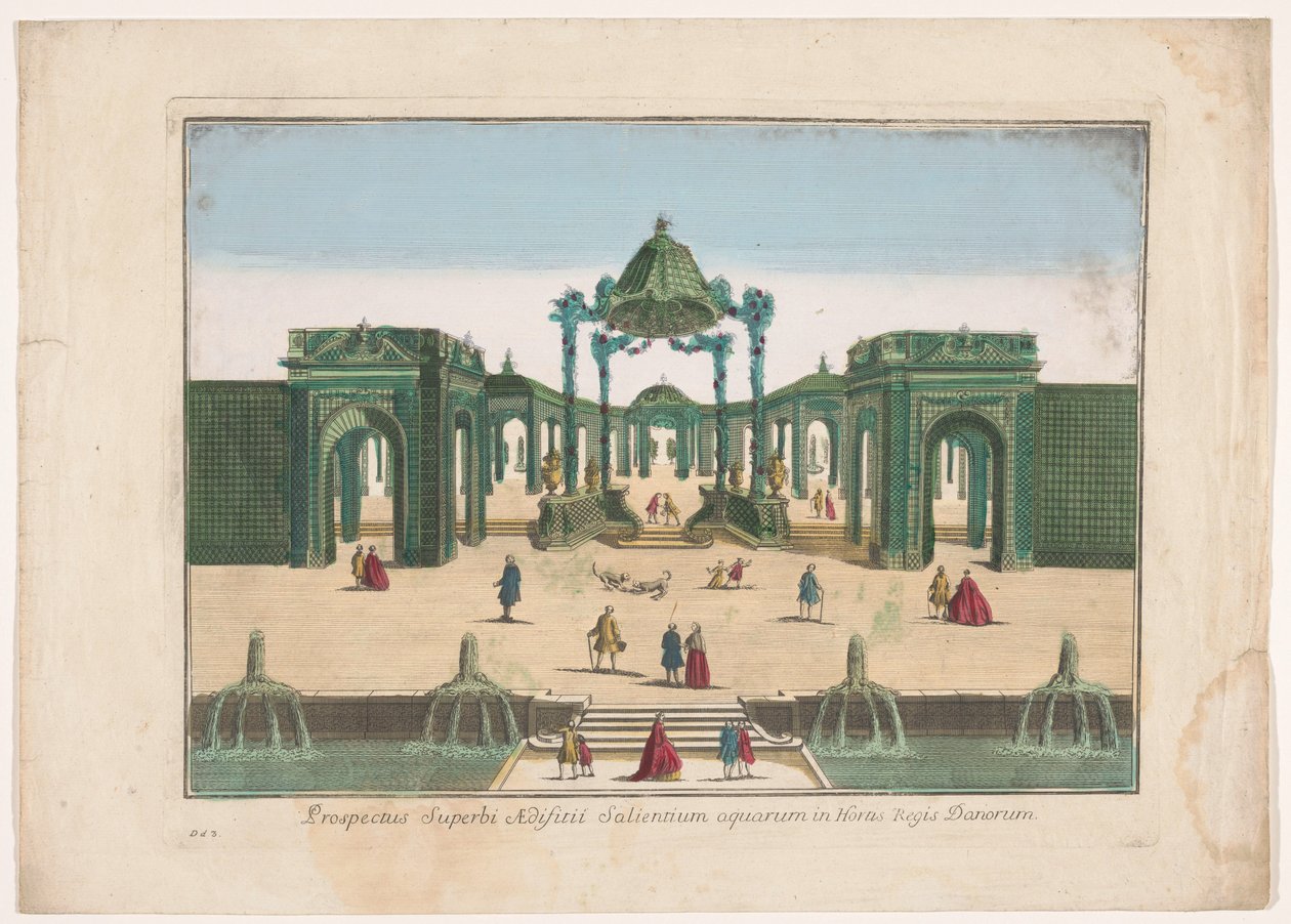 Pohled na pergolu a fontány zahrady patřící dánskému králi Prospectus superbi aedifitii salientium aquarum in hortis regis Danorum (název na předmětu) od familie Remondini (attributed to)
