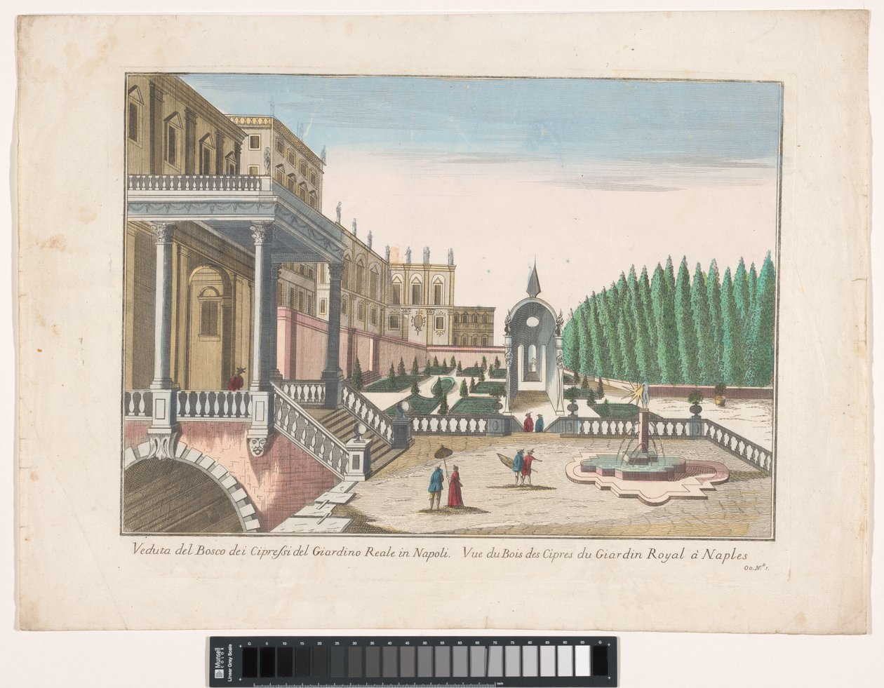 Pohled na zahradu a královský palác v Neapoli Veduta del bosco dei cypressi del giardino reale v Neapoli (název na objektu) od familie Remondini (attributed to)