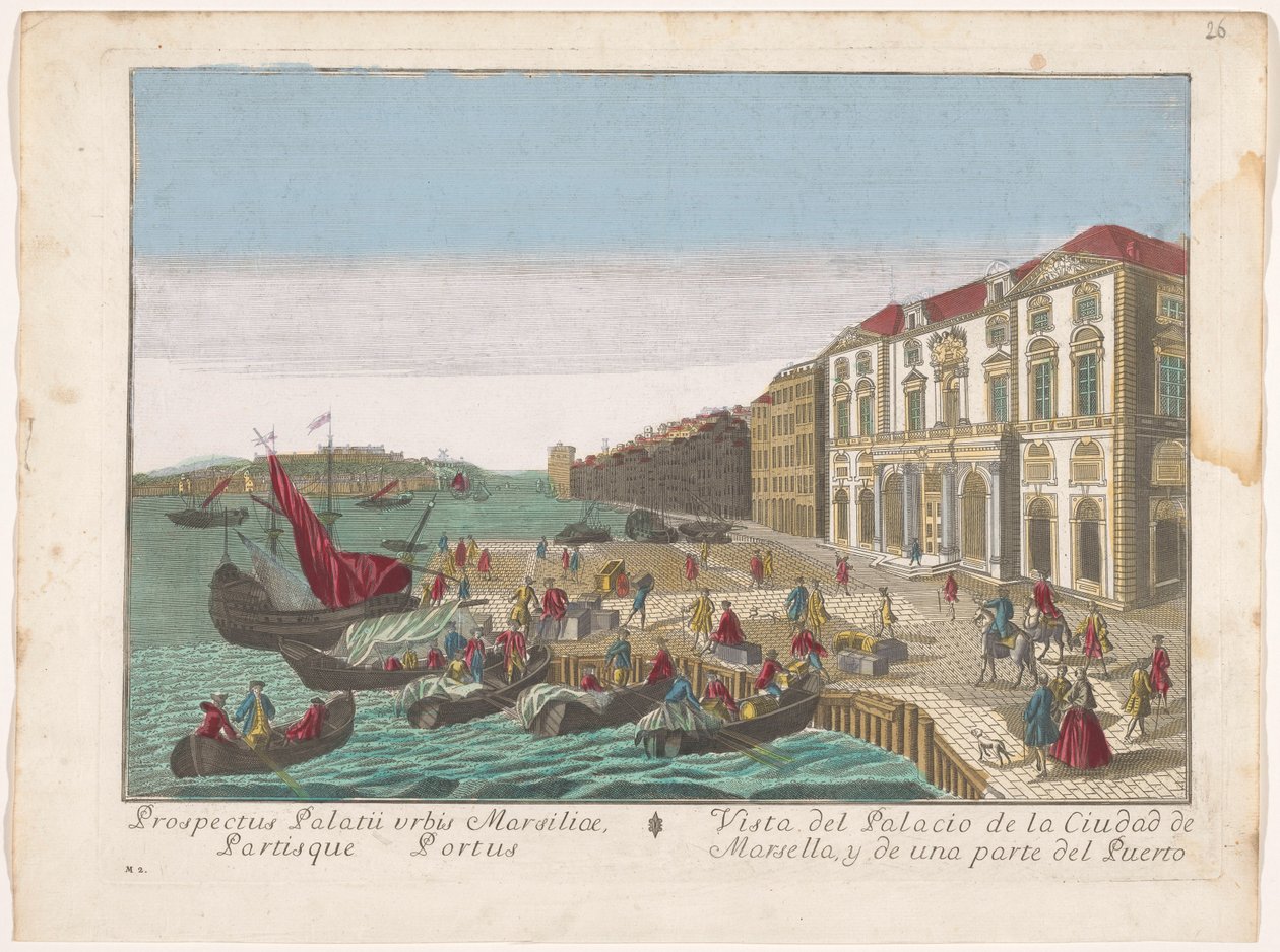 Gezicht op het Stadhuis en de Haven te Marseille Pohled na městský palác v Marseille a na část přístavu (název na objektu) od familie Remondini (attributed to)