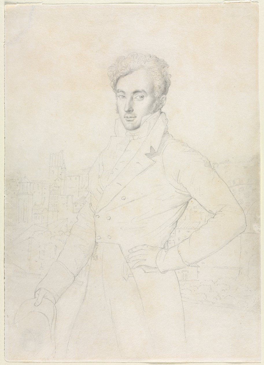 Portrét mladého muže stojícího na Quirinal s Turris Comitum v pozadí od follower of Jean Auguste Dominique Ingres