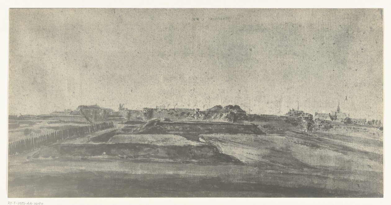 Pohled na Maastricht, 1672 Fotografie kreseb francouzské invaze do Nizozemska v roce 1672 od Adama Franse van der Meulena dochované v Manufacture des Gobelins (název série) od frères Moreau