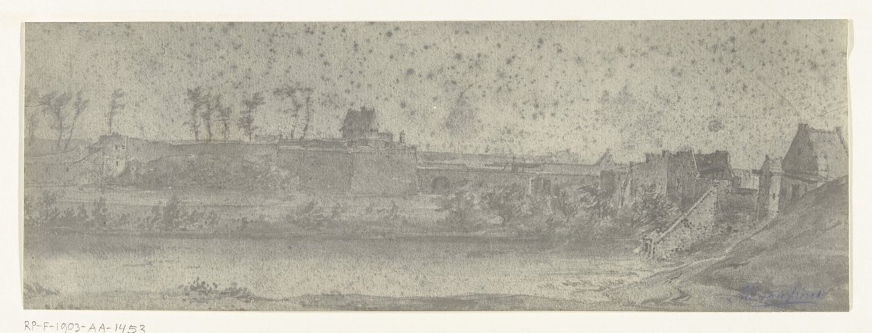 Pohled na Maastricht, 1672 Fotografie kreseb francouzské invaze do Nizozemska v roce 1672 od Adama Franse van der Meulena dochované v Manufacture des Gobelins (název série) od frères Moreau