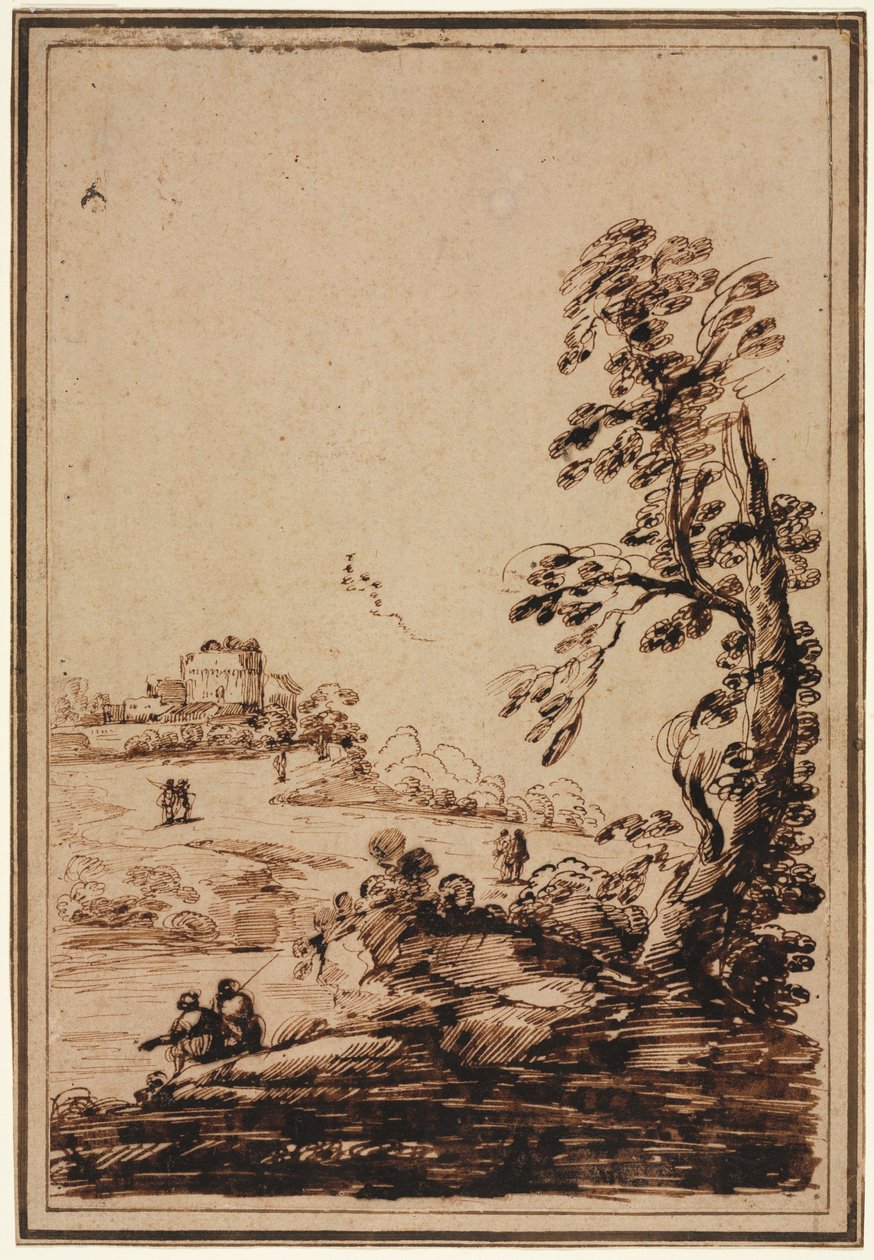 Krajina s malou skupinou budov od imitator of Guercino