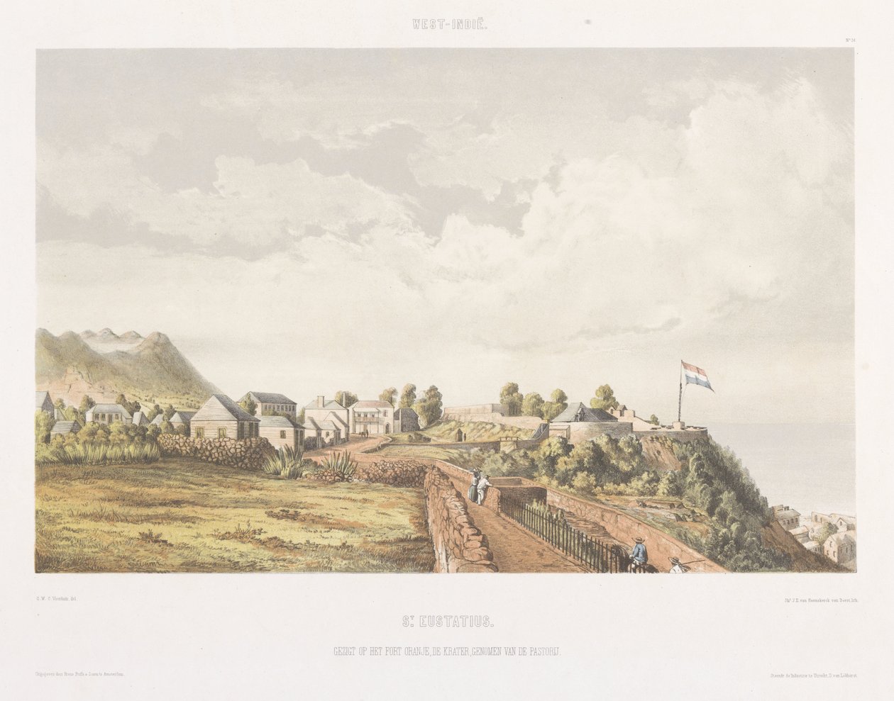 Pohled na Fort Oranje a De Krater na St. Eustatius Pohledy z nizozemské Západní Indie (název série) od jonkheer Jacob Eduard van Heemskerck