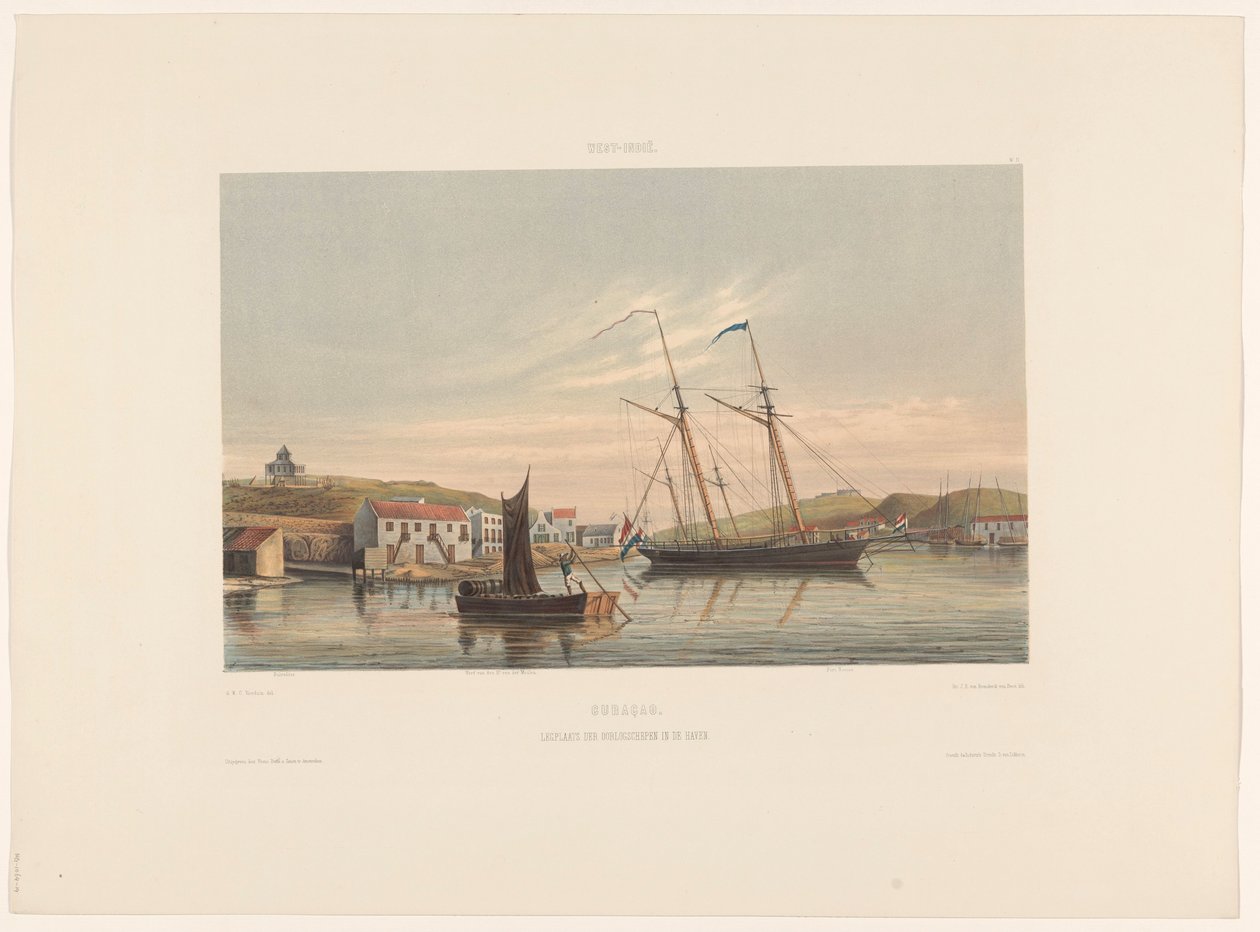Přístav Willemstad Curacao. Kotviště válečných lodí v přístavu (název na objektu) od jonkheer Jacob Eduard van Heemskerck