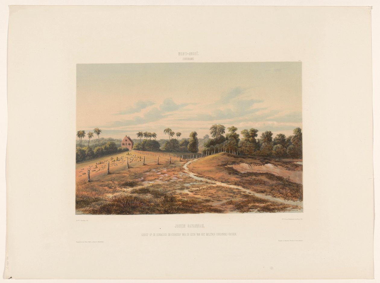 židovská savana Židé Savannah. Pohled na synagogu a hřbitov ze strany vojenského Cordonpadu (název na objektu) od jonkheer Jacob Eduard van Heemskerck