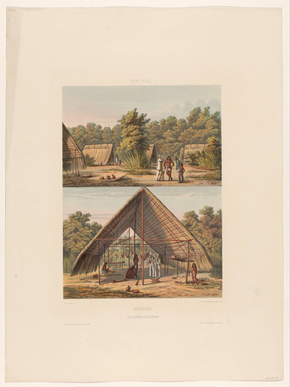 Tábor Arowaků Surinam. Indiánský tábor Arowakka (název na objektu) od jonkheer Jacob Eduard van Heemskerck