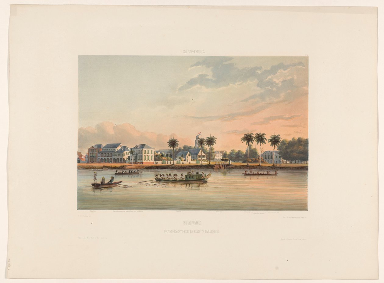 Nábřeží s domem guvernéra v Paramaribo Surinam. Vládní dům a náměstí v Paramaribo (název na objektu) od jonkheer Jacob Eduard van Heemskerck