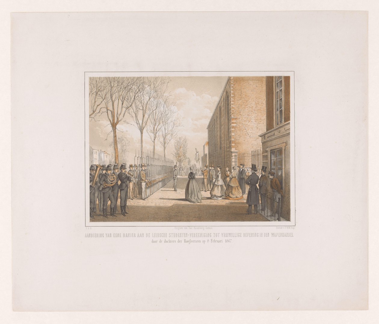 Prezentace banneru Koninklijke Leidsche Studenten Vereeniging Prezentace praporu Leidsche Studenten-Vereeniging pro dobrovolné cvičení v obchodu se zbraněmi dcerami profesorů dne 8. února 1867 (název na předmětu) od jonkheer Victor Eugène Louis de Stuers