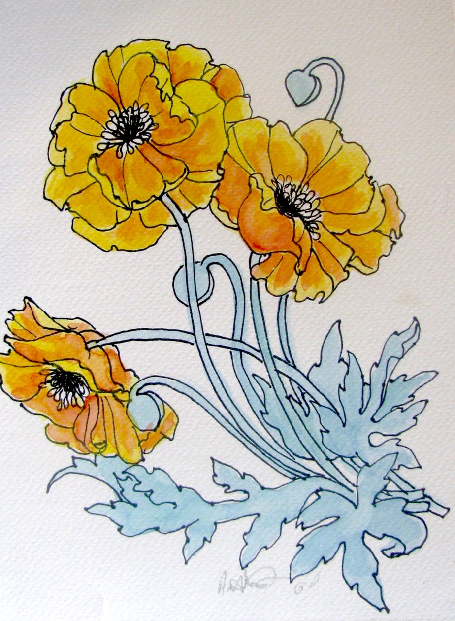 POPPIES, 2015 (akvarel, tuš) od linda arthurs