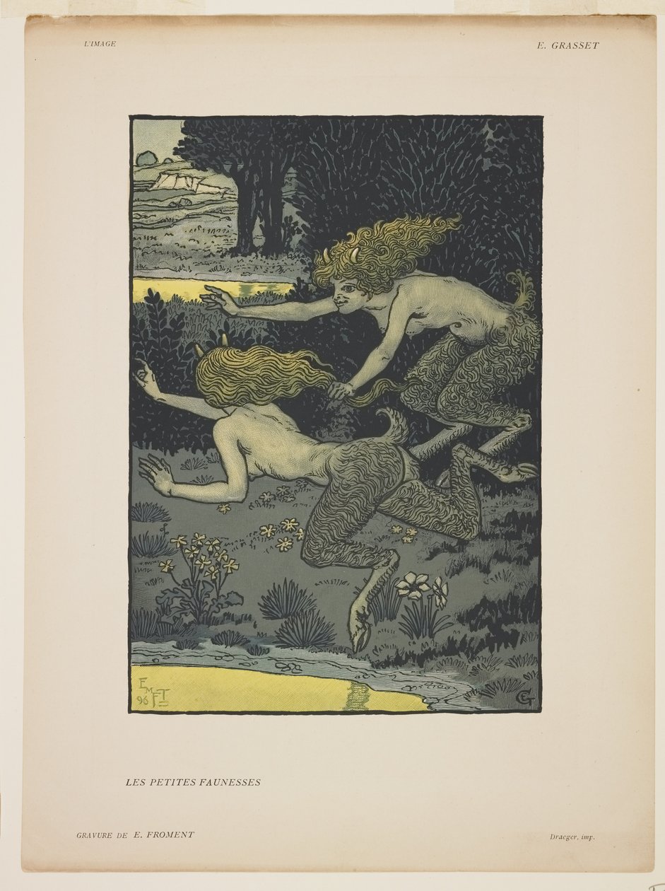 Les Petites Faunesses, 1896 (barevná dřevorytina) od Émile Froment