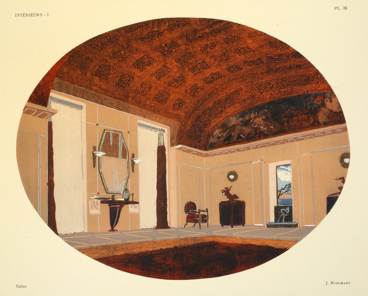 Salon, ilustrace z knihy "Interieurs" od Leona Moussinaca, vyd. Albert Levy, 1924-26 od Jacques Emile Ruhlmann