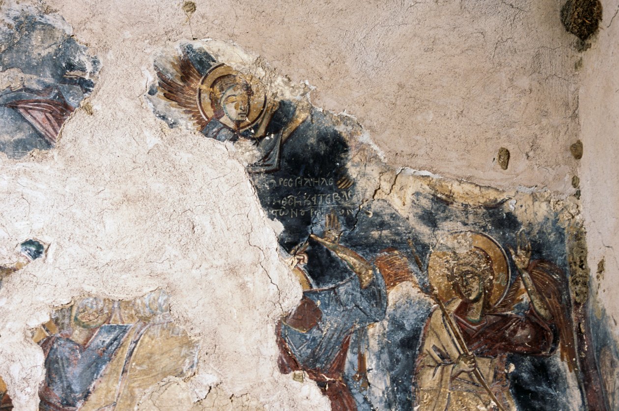 Anděl a svatý, detail z fresky v kostele Agios Georgios Apodoulou, Apodoulou, Kréta, Řecko (foto) od Theodore Charles Ange Coquelin