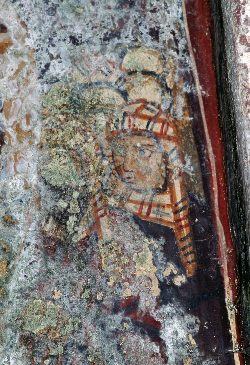 Mužská postava s pokrývkou hlavy, poškozená freska v kostele Metamorphosis Sotiros, Voutas, Kréta, Řecko (foto) od Theodore Charles Ange Coquelin