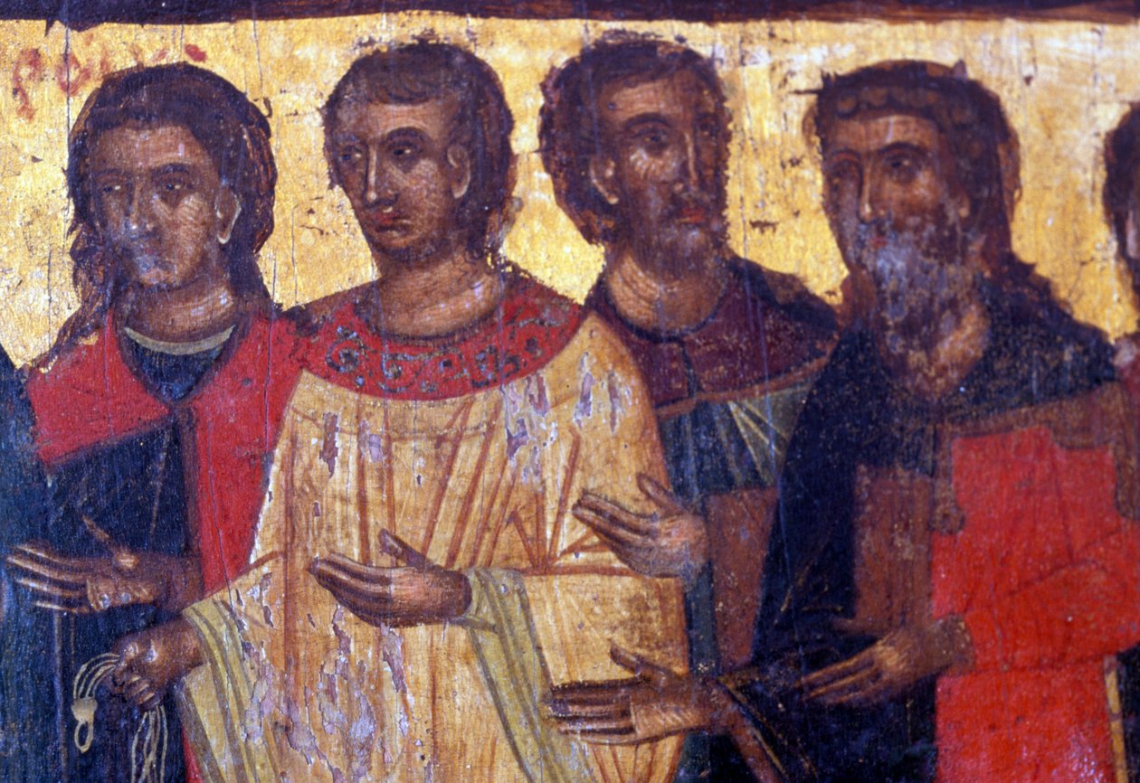 Mužské postavy, dřevěný panel v byzantském kostele Palea Roumata, Kréta, Řecko (foto) od Theodore Charles Ange Coquelin