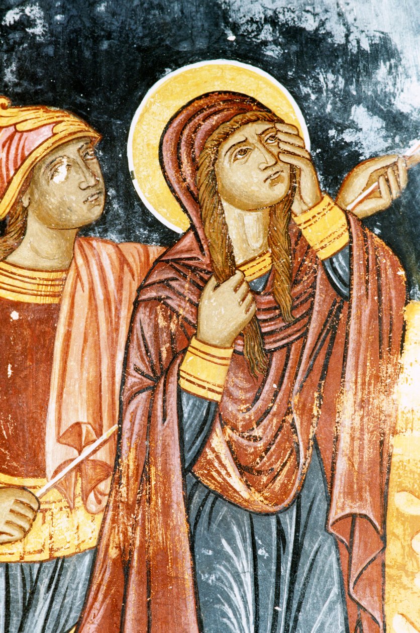 St Longinus a Marie, scéna Ukřižování, freska v klášteře Mikro Sotiris, ostrov Symi, Řecko (foto) od Theodore Charles Ange Coquelin