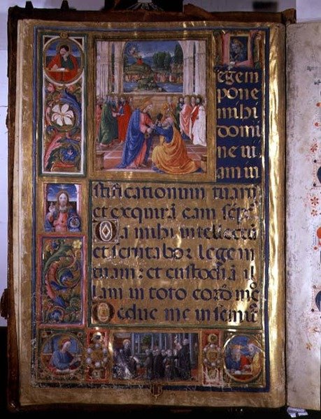 Ms 542 f.3v Page zobrazující Krista, jak dává klíče sv. Petrovi, z žaltáře napsaného Donem Appianem z kostela Badia Fiorentine, Florencie od or di Giovanni Monte del Fora
