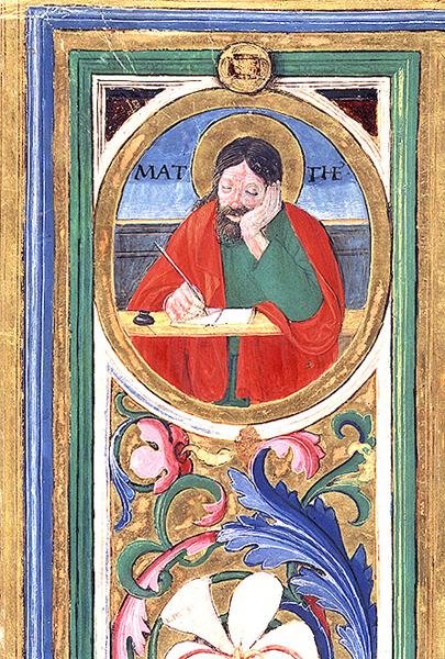 Ms 542 f.3v Svatý Matouš píšící první evangelium z žaltáře napsaného Donem Appianem z kostela Badia Fiorentina ve Florencii od or di Giovanni Monte del Fora