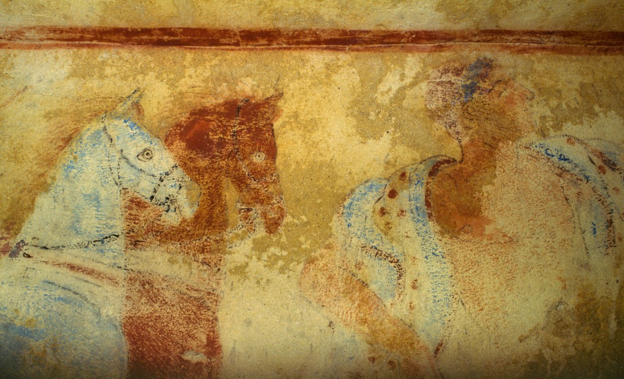 Smuteční průvod s koňmi a mužskými postavami, freska, detail, Hrobka modrých démonů, Necropolis of Tarquinia (Seznam světového dědictví UNESCO, 2004), Lazio, Itálie. Etruská civilizace, 5. století před naším letopočtem (foto) od Unbekannt Unbekannt