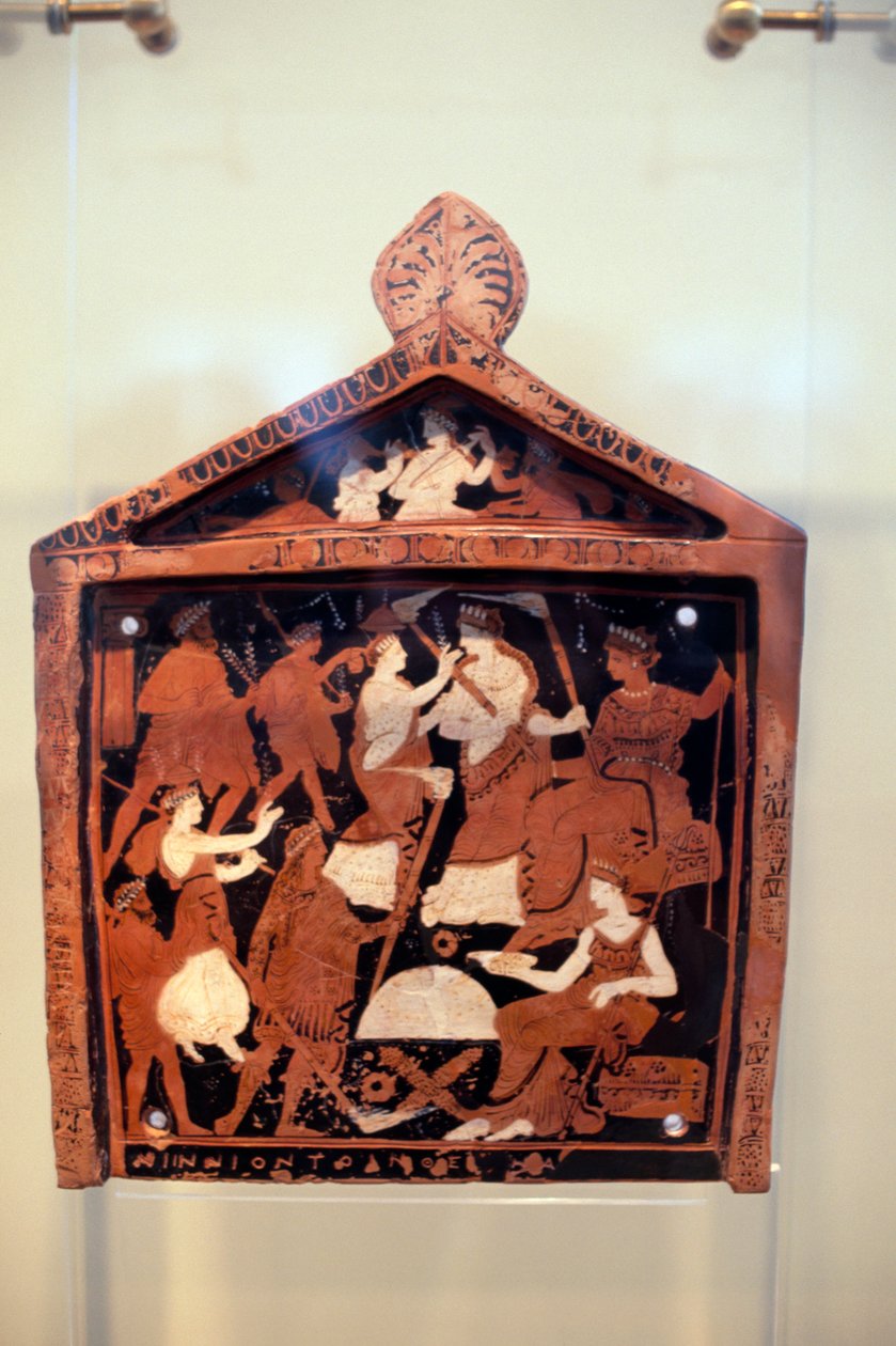 Deska Ninnion, ex-voto zobrazující Iaccha vedoucí procesí před Demeter a Persefonou, asi 370 př. n. l., nalezená ve svatyni Eleusis, Garcia, řecká civilizace, koncem 4. století př. n. l. od Unbekannt Unbekannt