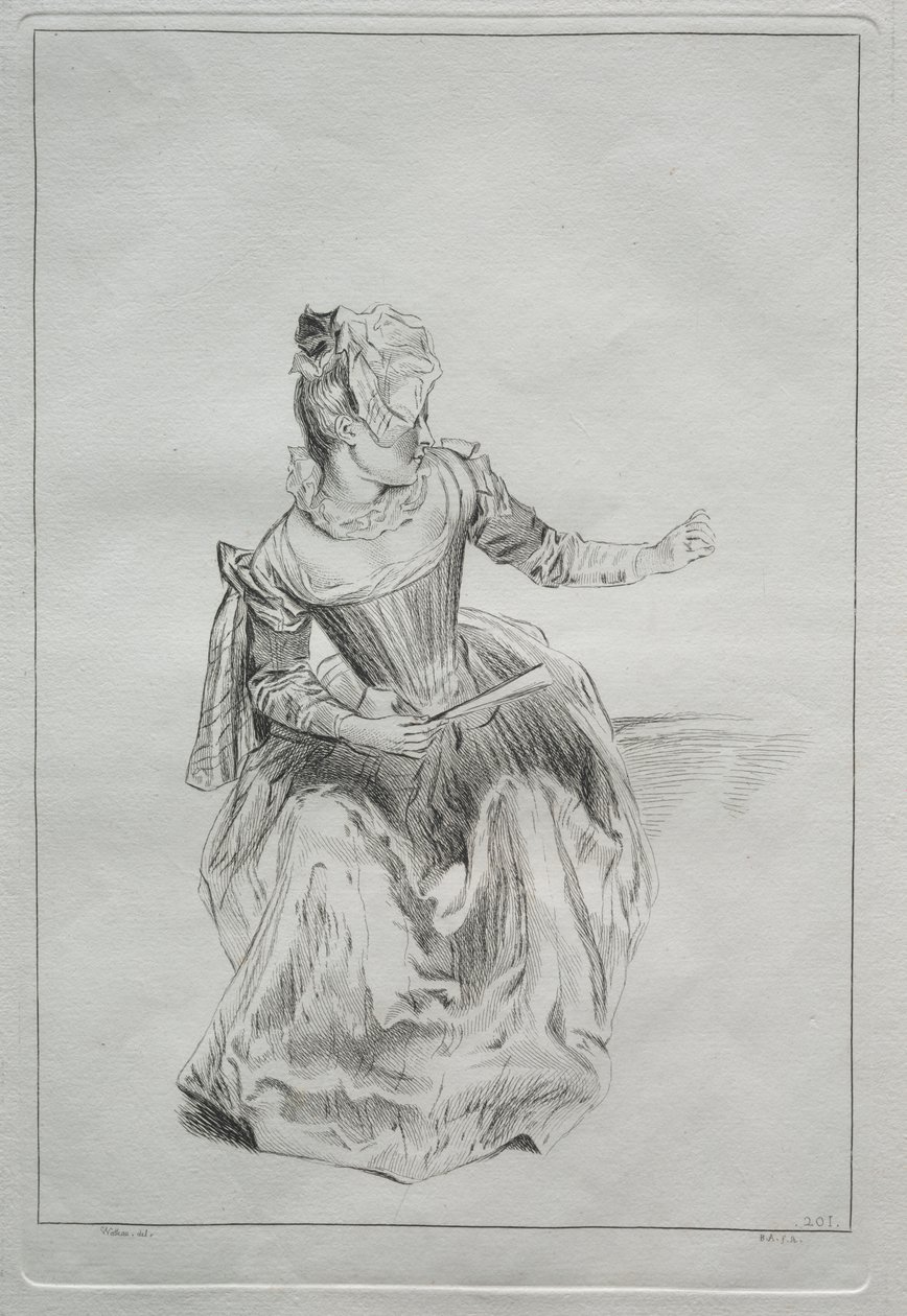 Žena držící ventilátor od possibly by Benoit II Audran