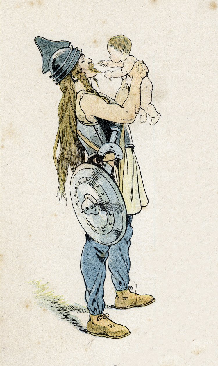 Galský válečník se svým dítětem. ve „“ Francii, jeho příběh vyprávěný G. Montorgueilem, vyobrazený Jobem“““ 1896. Soukromá sbírka. od pseudonym for Onfray de Breville Jacques Job