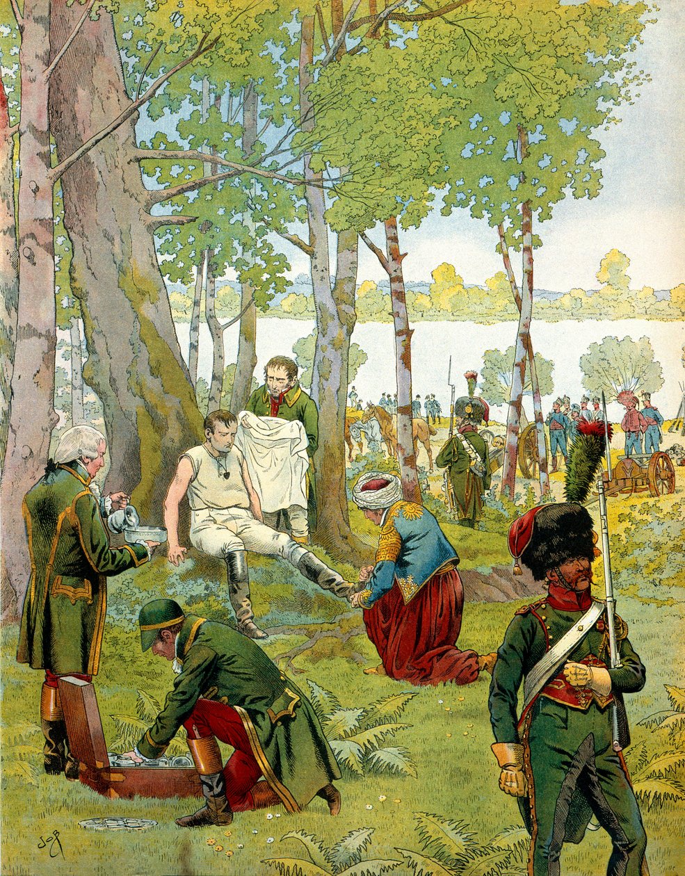 Abruce Napoleona I. Bonaparte (1769-1821) na ostrově Lobau před bitvou u Wagramu 5. a 6. července od pseudonym for Onfray de Breville Jacques Job