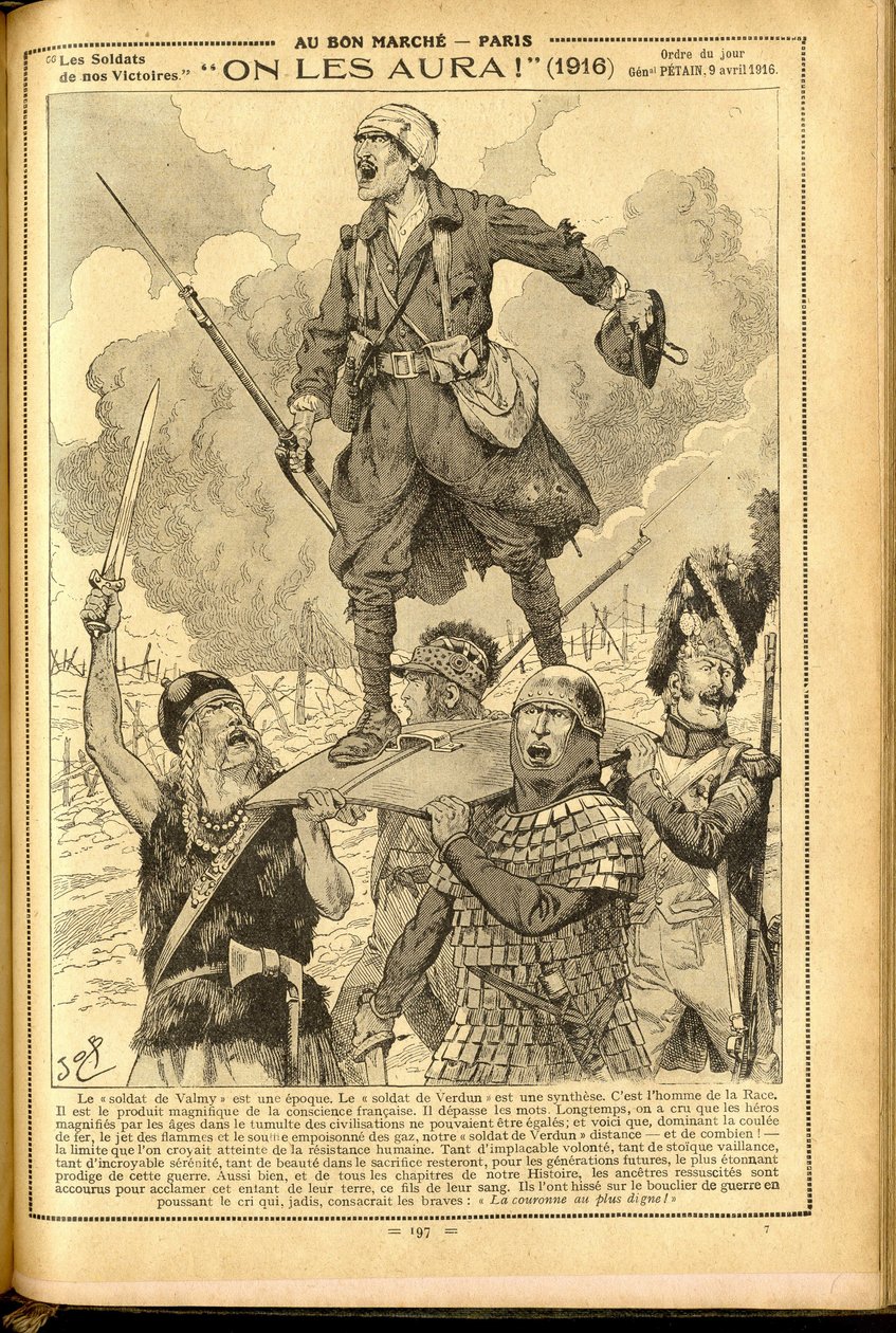 Agenda Buvard du Bon Marche 1917 – Ilustrace Joba (Jacques Marie (Jacques-Marie) Gaston Onfray a Breville) (1858-1931): Budeme je mít! 1916 – Válka 14-18, lékařství, lékařství, zdraví, uniformy, velké bitvy, brnění – vojáci, Galové – historické M od pseudonym for Onfray de Breville Jacques Job