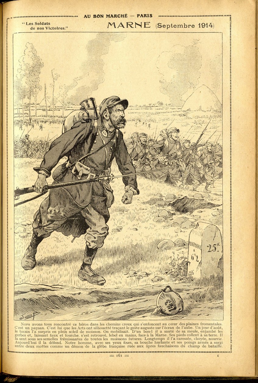 Deník Buvard du Bon Marche 1917 - Ilustrace Joba (Jacques Marie (Jacques-Marie) Gaston Onfray a Breville) (1858-1931): Marne září 1914 - válka 14-18, Marne, velké bitvy, bitva u Marny - Vojáci od pseudonym for Onfray de Breville Jacques Job