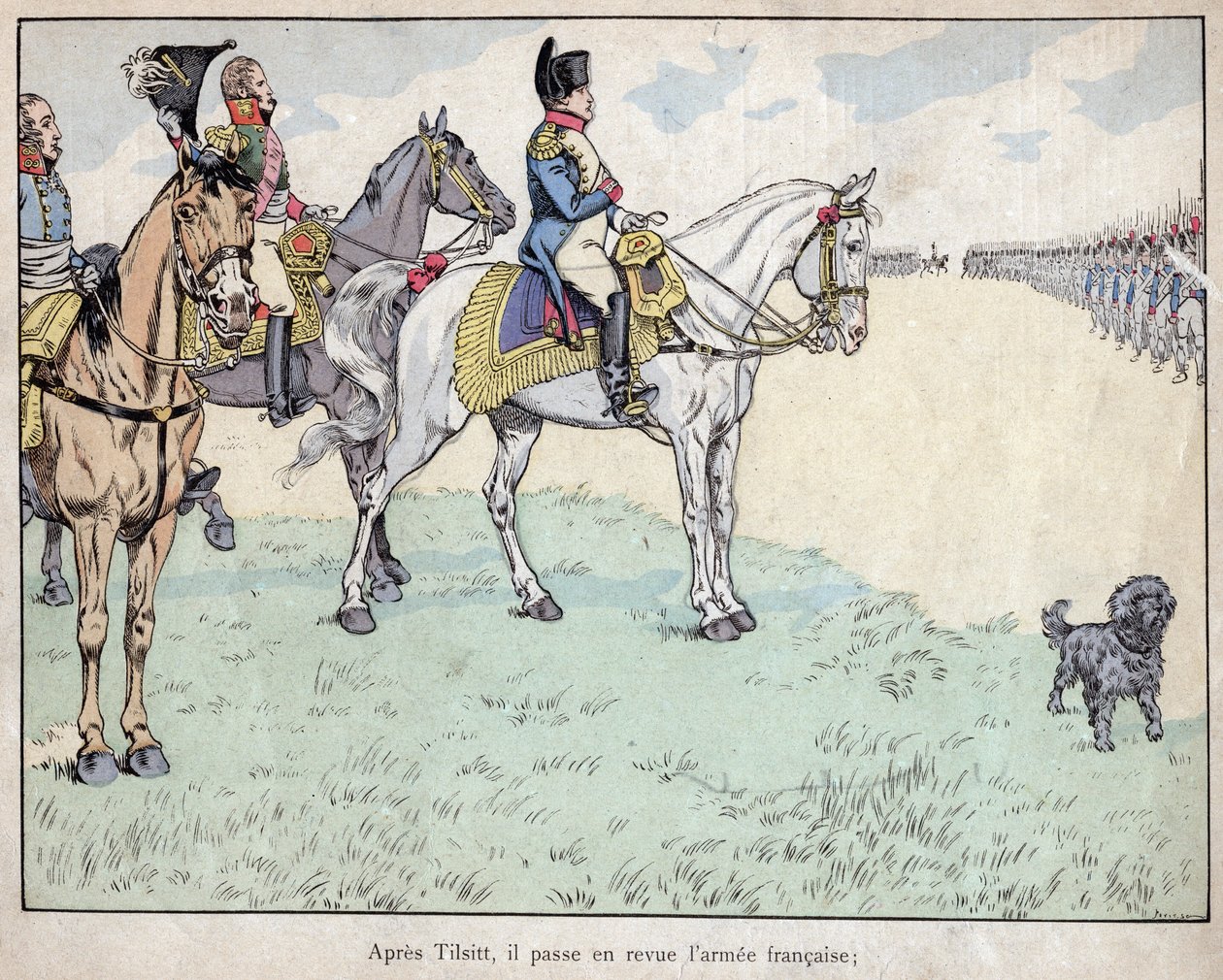 Apres Tilsit – Napoleon hodnotí francouzskou armádu po podepsání smluv z Tilsitu, 7. července 1807 – litografie Joba (Jacques Onfroy de Breville) z „“Le Grand Napoleon des Petites Enfants“““ 1893 od pseudonym for Onfray de Breville Jacques Job