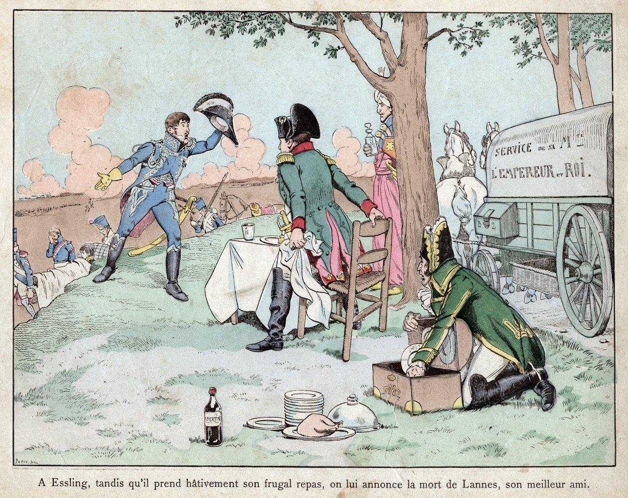 Bitva u Aspern Essling - Napoleon dostává zprávu o smrti maršála Lannese 1809 - Bitva u Aspern-Essling - Napoleon dostává zprávu o smrti maršála Lannese - litografie Job (Jacques Onfroy de Breville) z „“ Le Grand Napoleon des Petites od pseudonym for Onfray de Breville Jacques Job