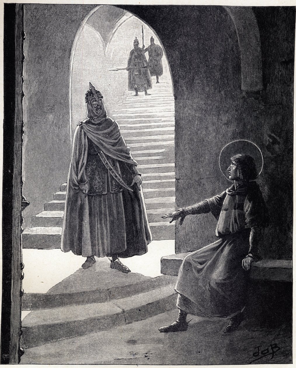 Buď křesťanem, učiním tě rytířem slova Ludvíka IX. řekl svatý Ludvík (1214-1270) pohankovému náčelníkovi, který vstoupil do vězení, aby se stal rytířem. Ilustrace Job (Jacques Marie Gaston Onfray a Breville) (Jacques-Marie) (1858-1931) pro t od pseudonym for Onfray de Breville Jacques Job