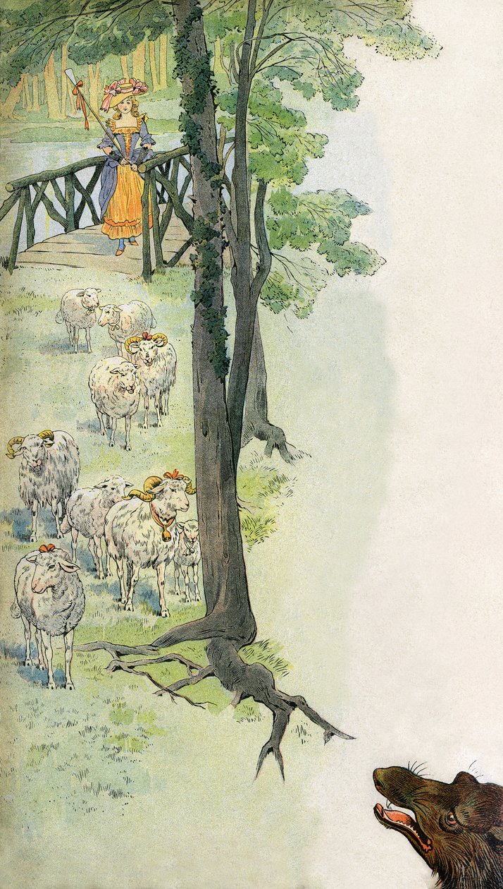 Bergere chová své ovce (ovce a zvěř) na venkově pod hrozivým pohledem vlka - Ilustrace od Joba (Jacques Marie Gaston Onfroy de Breville) (1858-19131) ke knize "La Cantiniere" od G. Montorgueila, kolem roku 1900. od pseudonym for Onfray de Breville Jacques Job