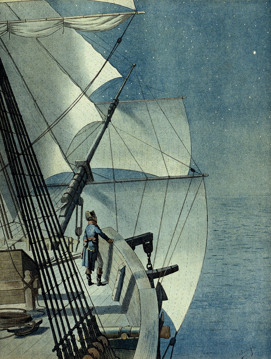 Kampaň (expedice) Egypta (1798-1801): návrat z Alexandrie do Egypta na palubě fregaty „La Muiron“, Napoleon I. Bonaparte (1769-1821) sám na mostě lodi v noci rozjímá nad Středozemním mořem od pseudonym for Onfray de Breville Jacques Job