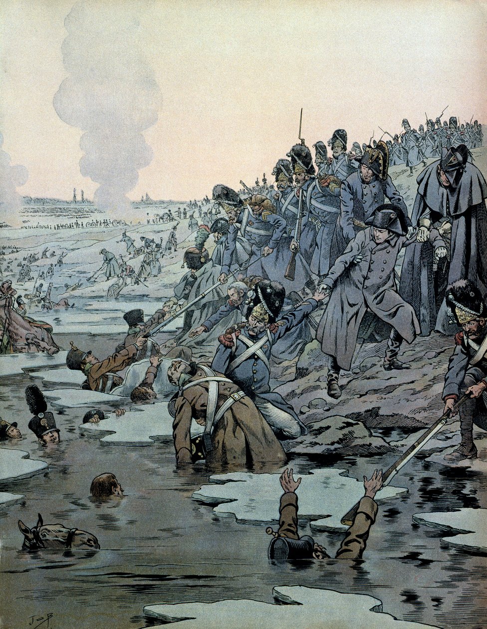Rakouské tažení (1805): Po bitvě u Slavkova zachránil Napoleon I. Bonaparte (1769-1821) a jeho vojáci 2. prosince Rusy z ledových jezer od pseudonym for Onfray de Breville Jacques Job