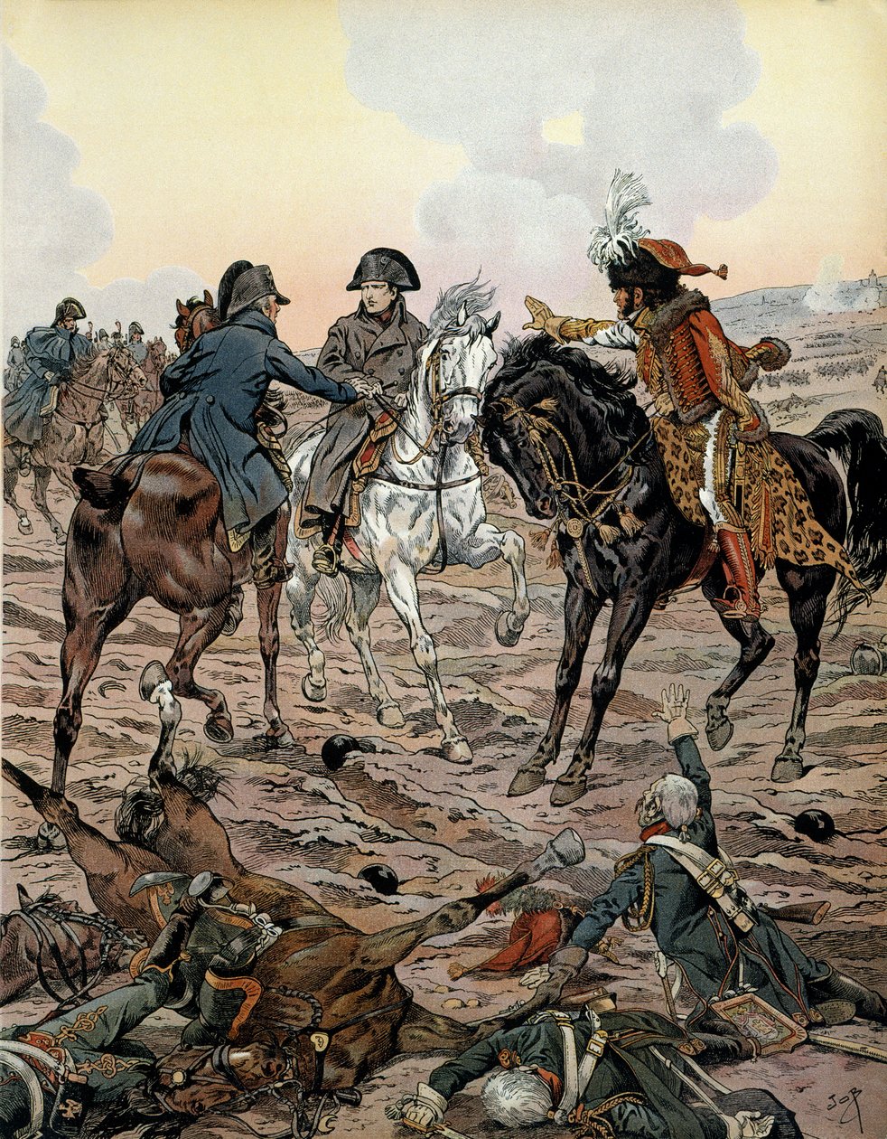 Rakouské tažení (1805): V bitvě u Ulmu (mezi 15. a 17. říjnem 1805) požádali Louis Alexandre (Louis-Alexandre) Berthier (1753-1815) a Joachim Murat (1767-1815) císaře, aby se odstěhoval z bojiště pro jeho bezpečnost - V "" Napoleon" od od pseudonym for Onfray de Breville Jacques Job