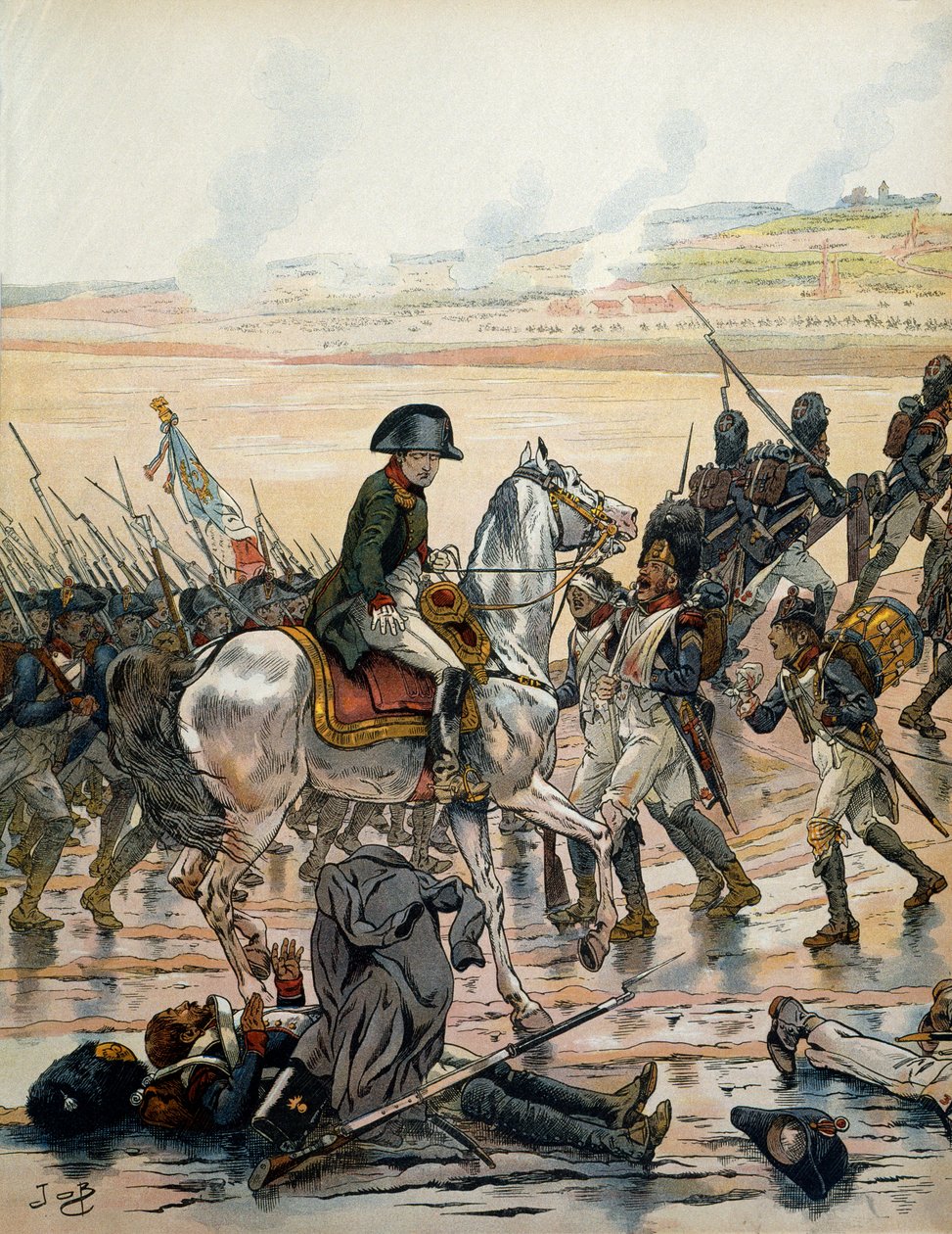 Rakouské tažení (1805): V Elchingenu Napoleon I. Bonaparte (1769-1821) při návštěvě bitevního pole pozná granátníka z egyptské armády, ležícího na zádech, vystavuje se dešti, který padá do přívalů, a nadále na něj křičí. soudruzi „“ vpřed od pseudonym for Onfray de Breville Jacques Job