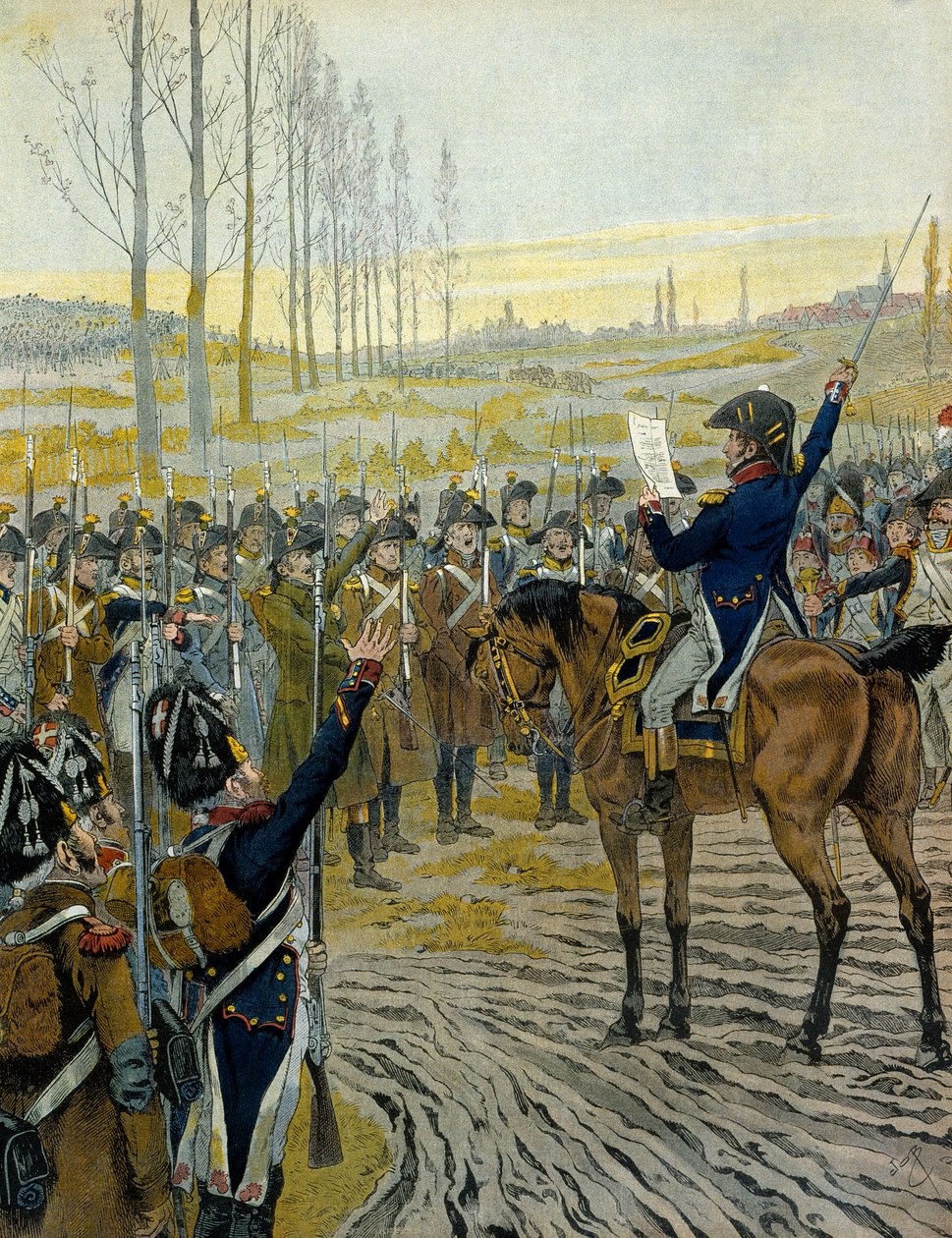 Rakouské tažení (1805): Provolání císaře Napoleona I. Bonaparta (1769-1821) vojskům před bitvou u Slavkova dne 2. prosince 1805. V „Napoleon“ od Georgese Montorgueila. Ilustrace Jacques Marie Gaston Onfray de Breville dit JOB od pseudonym for Onfray de Breville Jacques Job