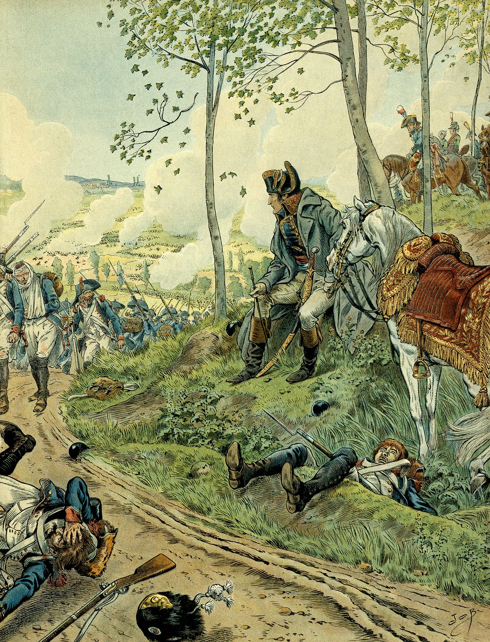 Italské tažení (1799-1800): Napoleon I. Bonaparte (1769-1821) v bitvě u Marenga dne 14. června 1800 v Piemontu (Itálie), proti napoleonským a rakouským armádám. Ilustrace Jacques Marie Gaston Onfray de Breville dit JOB (1858-1931). Soukromý C od pseudonym for Onfray de Breville Jacques Job