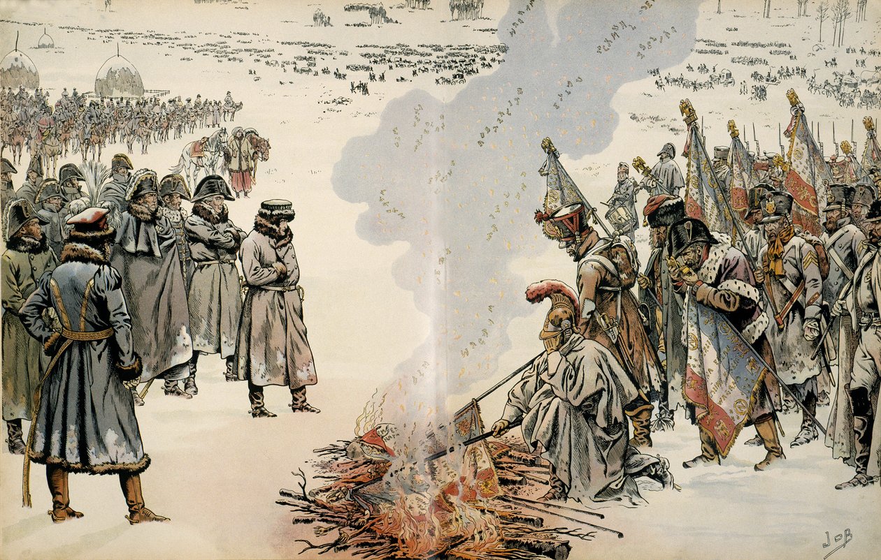 Ruské tažení (1812): Během ruského ústupu nařídil Napoleon I. Bonaparte (1769-1821) pálit vlajky a orly, aby zabránil nepříteli v jejich převzetí. Ve filmu „Napoleon“ od Georgese Montorgueila. Ilustrace Jacques Marie Gaston Onfray od pseudonym for Onfray de Breville Jacques Job