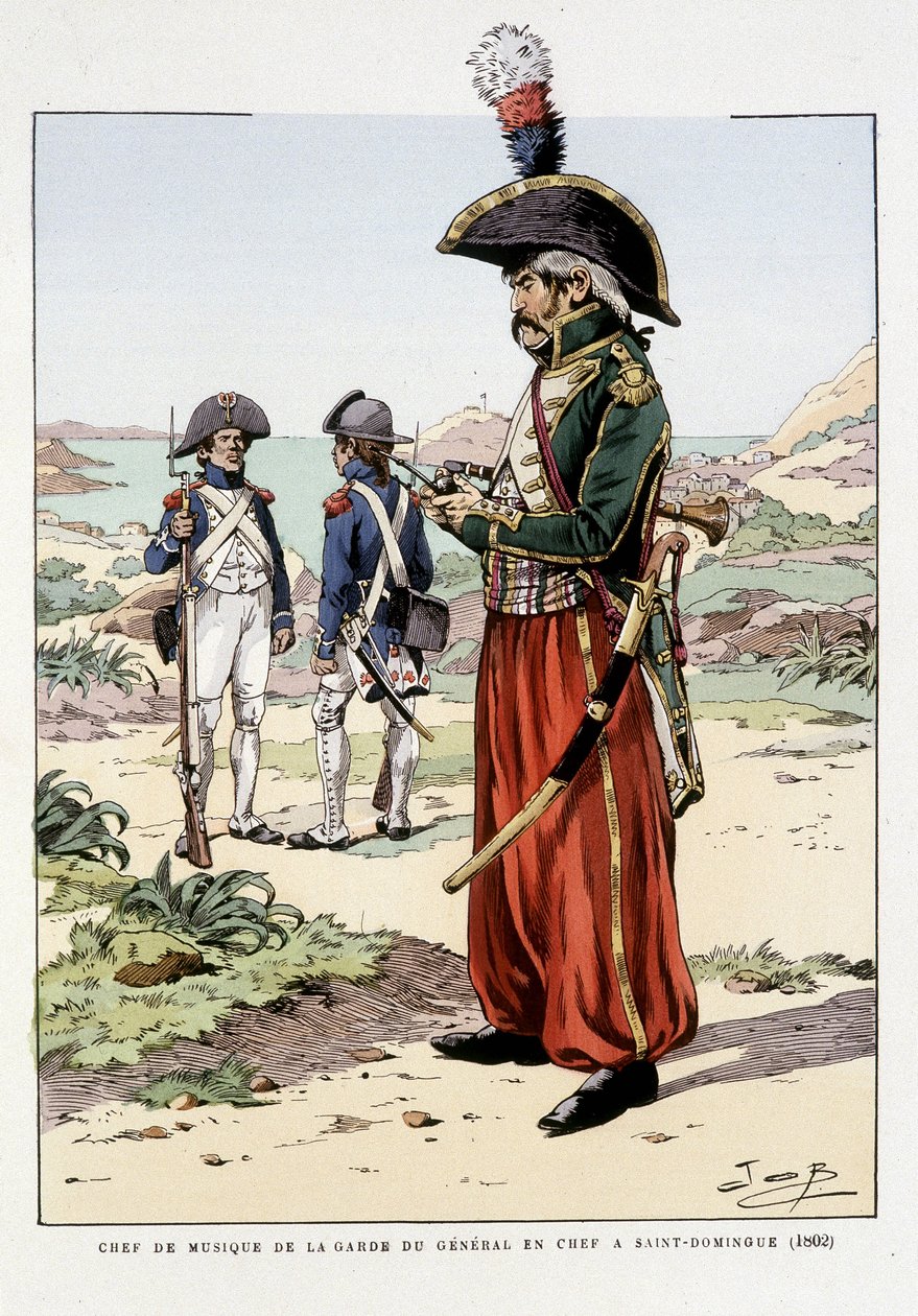Chef de musique de la garde du général en chef à St Domingo en 1802 - v “Outfit des troupes de France: armee de terre et de mer à toutes les epoques”, ill. de Job od pseudonym for Onfray de Breville Jacques Job