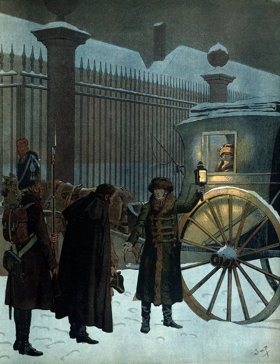 Porazil ruské tažení a vrátil se do Paříže: Napoleon I. Bonaparte (1769-1821) v sedanu přijel do Tuileries 18. prosince 1812 v 11 hodin večer po ruském ústupu. Ve filmu „Napoleon“ od Georgese Montorgueila. Ilustrace J od pseudonym for Onfray de Breville Jacques Job