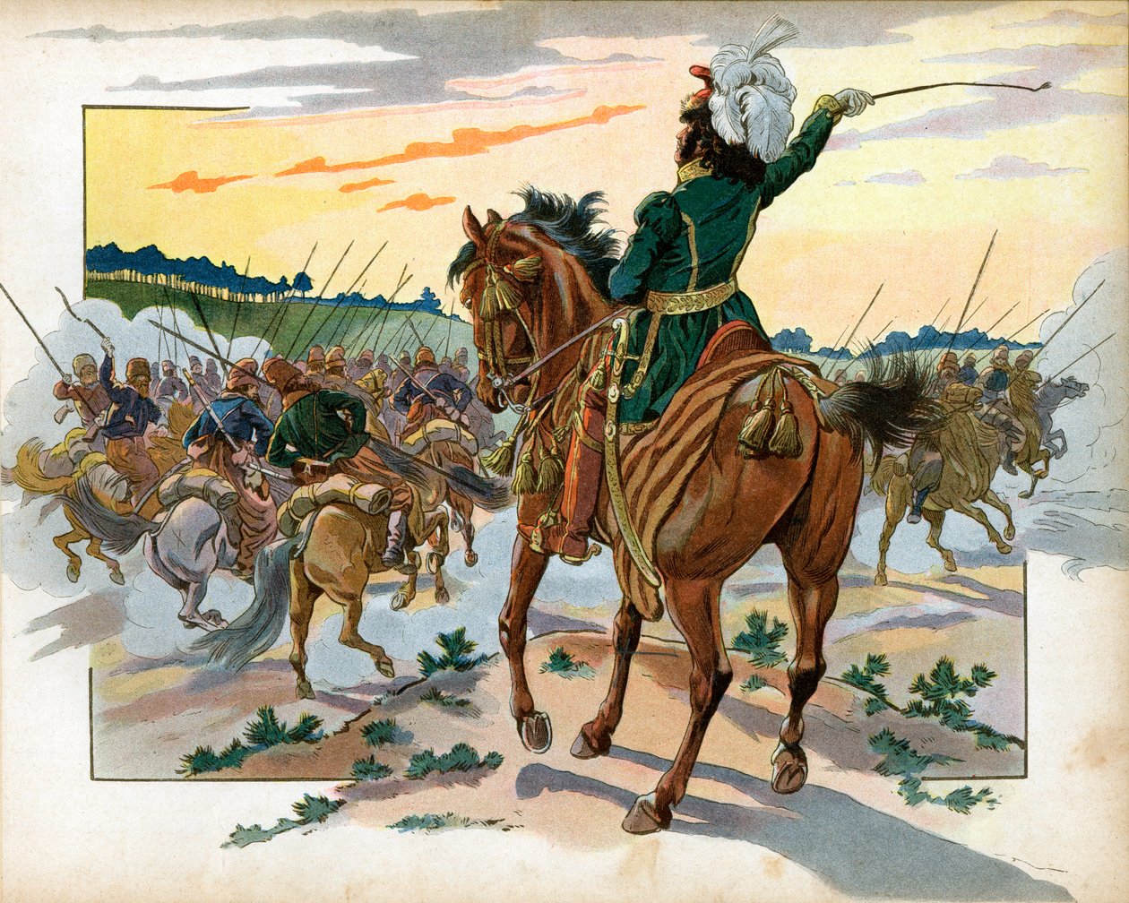 Během ruského tažení postupoval Joachim Murat (1767-1815) sám proti kozákům a pouze svou přítomností je umístil za nimi. Rytina Jacques Marie Gaston Onfray de Breville dit Job (1858-1931) od pseudonym for Onfray de Breville Jacques Job