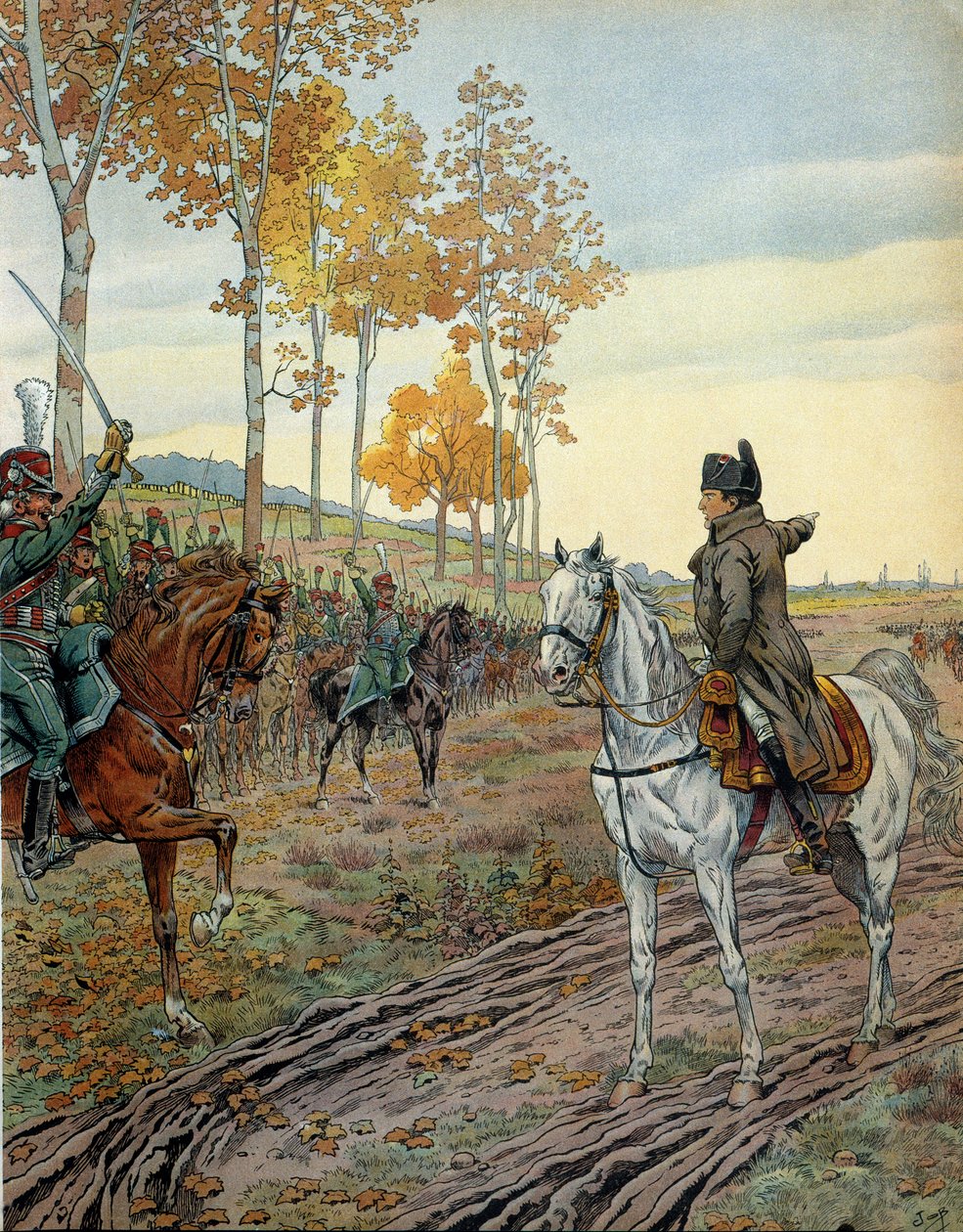 Císař Napoleon I. Bonaparte (1769-1821) zařídil v roce 1806 druhý pluk lovců koní během tažení do Pruska (Německo) před bitvou u Ieny 14. října 1806. V „Napoleon“ od Georgese Montorgueila. Ilustrace Jacques Marie od pseudonym for Onfray de Breville Jacques Job
