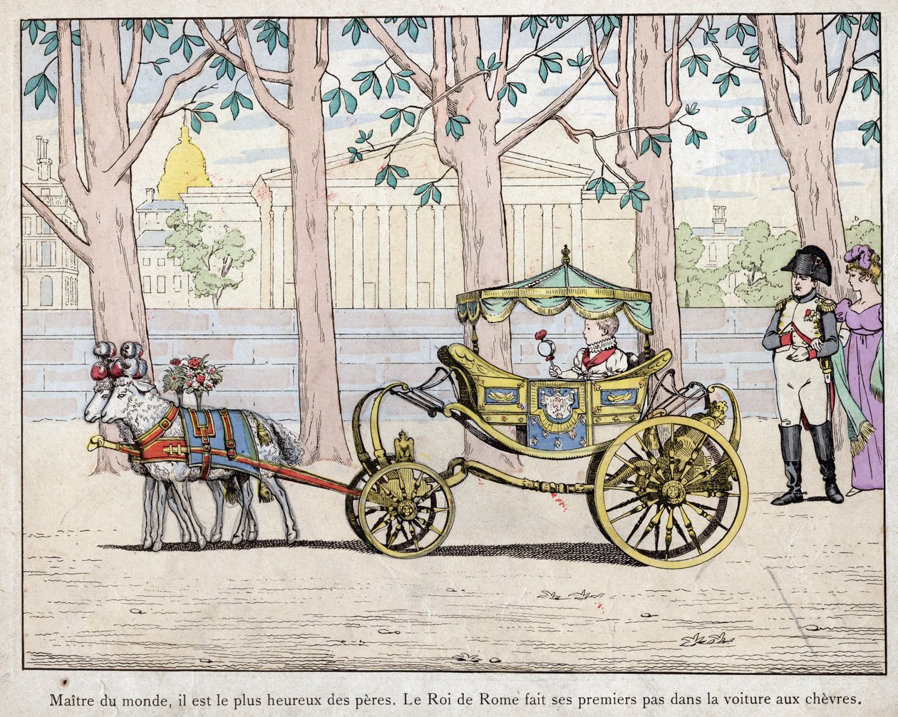 Císař Napoleon I. Bonaparte (1769-1821) se svým synem princem Napoleonem Francoisem Karlem Josefem Bonapartem, který se stal římským králem Napoleon II., později nazývaný také Aiglon - Napoleon sleduje italského krále (Napoleona II.) při jeho prvních krůčc od pseudonym for Onfray de Breville Jacques Job
