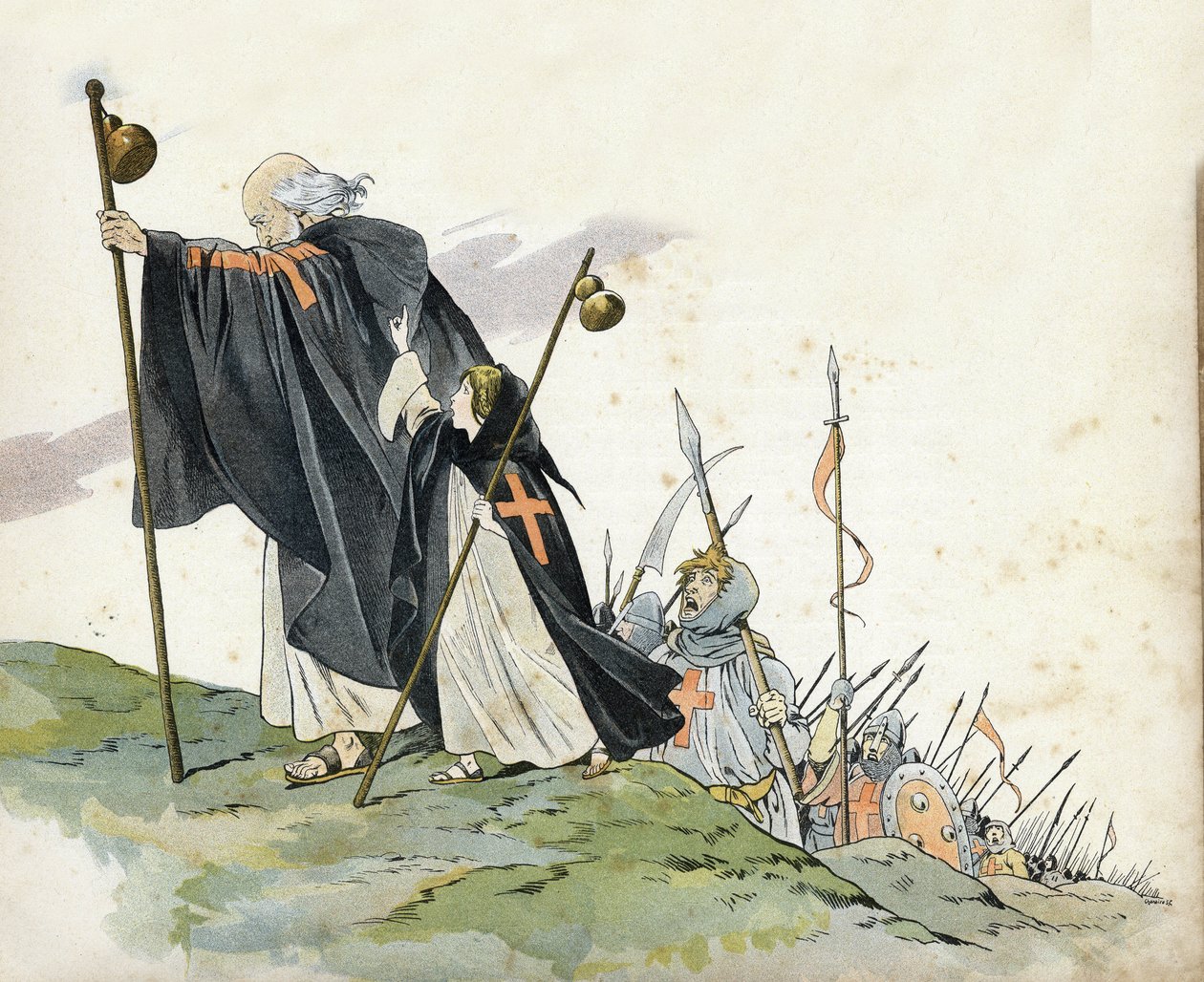 První křížová výprava: Petr poustevník (1050-1115) vede křížovou výpravu k výkřiku „Bůh to chce!“ . Má na sobě kabát, bije křížem a drží pelerinový bumlík. Doprovází ji malá holčička symbolizující Francii. ve Francii, její příběh vyprávěl G. Montor od pseudonym for Onfray de Breville Jacques Job
