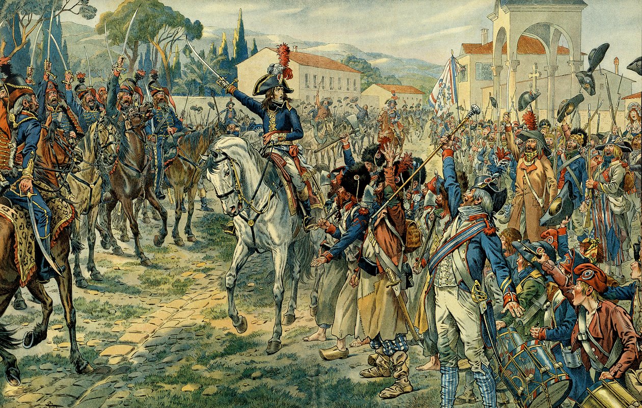 První italské tažení (1796-1797): Napoleon I. Bonaparte (1769-1821) zhodnotil 27. března 1796 italskou armádu v Nice. Ilustrace Jacques Marie Gaston Onfray de Breville dit JOB (1858-1931). Soukromá sbírka od pseudonym for Onfray de Breville Jacques Job